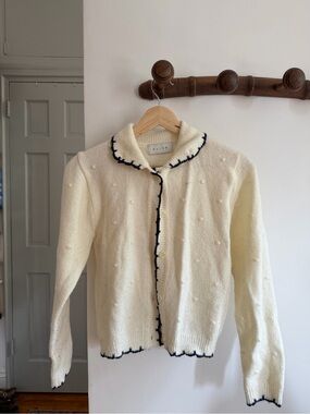 Olive Cream Pointelle Cardigan with Black Trim